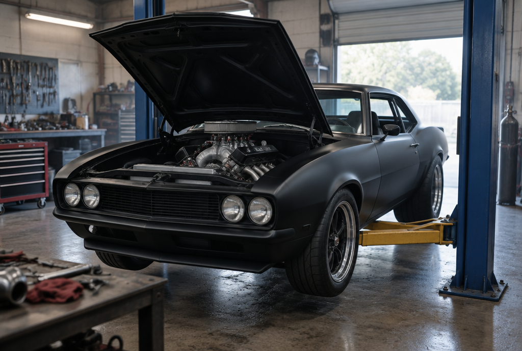 American muscle car on the lift at Apex Autosports in Huntsville, Alabama